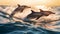 Group of dolphins gracefully swim in a tranquil ocean at sunset. AI-generated.