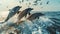 A group of dolphins jumping out of the water in front of birds, AI