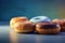 Group of Donuts on pastel background, Shot using a Leica camera, Soft shadows