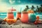 A group of drinks sitting on top of a sandy beach. Generative AI