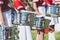 Group drummer girls in uniform on summer holiday