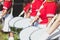 Group drummer girls in uniform on summer holiday