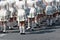 group of drummer girls in white Ukrainian costumes