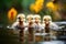 a group of ducklings swimming together in a pond