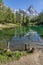 A group of ducks on the shore of Lago Blu which mirrors the Matterhorn, Aosta Valley, Italy