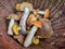 Group of edible mushrooms in wicker basket