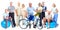 Group of elderly fitness people with bicycle.