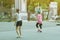 Group of elderly friend doing aerobic dance after work together