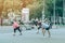 Group of elderly friend doing aerobic dance after work together