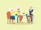 Group of elderly friends playing cards, flat vector illustration isolated.