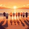 A group of elderly people are doing exercises at the seashore at sunset. Rear view. AI generated image.