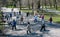 A group of elderly people doing health and fitness gymnastics in the park. Old people do