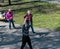 A group of elderly people doing health and fitness gymnastics in the park. Old people do