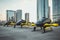 Group of Electric Air taxi eVTOL. Urban Air Mobility, concept of future transportation