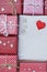 Group of elegant red gift box decoration on wood background, vibrant valentine lovely present concept