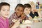 Group Of Elementary Age Schoolchildren Eating Healthy Packed Lunch In Class