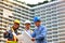 Group of engineers standing in front of the project  inspection  the detail of the building