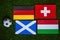 Group A at Europe football tournament in Germany in 2024. Flags of Germany, Scotland, Hungary, Switzerland and soccer ball on