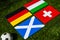 Group A at Europe football tournament in Germany in 2024. Flags of Germany, Scotland, Hungary, Switzerland and soccer ball on