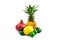 Group of exotic fruits together, bunch, assorted, on white isolated background