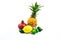 Group of exotic fruits together, bunch, wicker basket and assorted, on white isolated background