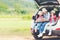 Group family children travel on car for adventure nature in vacations