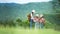 Group family children travel on car for adventure nature in vacations.