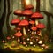 Group of fantasy fly agaric mushrooms growing in magical forest