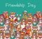 Group fashion best friends cats and dogs fun animals card and sky.