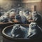 Group of fat British Shorthair cats relax in a Finnish sauna