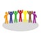 A group of figures of multicolored people-symbols raises their hands