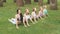 Group of fit women doing yoga pose meditation at outdoor green park garden