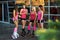 Group of fitness women dressed in sportswear speaks before kangoo jumping workout