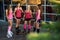 Group of fitness women dressed in sportswear speaks before kangoo jumping workout