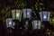 A group of five beautiful street lighting lanterns is against the black sky and green leaves background