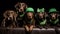 A group of five dogs wearing green hats and bow ties, AI