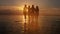 Group of five happy people sits on background of empty sunset beach. Travel or sea vacations concept