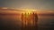 Group of five happy people sits on background of empty sunset beach. Travel or sea vacations concept