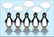Group of five penguins with speech bubbles. Blank callouts for own message. Cute illustration on light blue ice