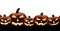 A group of five spooky halloween lanterns, Jack O Lantern, with evil face and eyes.