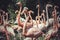 Group of flamingoes with long necks and beautiful plumage