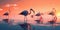 group of flamingos wading in shallow water, with a sunset in the background. Generative AI