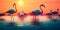 group of flamingos wading in shallow water, with a sunset in the background. Generative AI