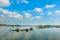 Group of floating house on lake in southern Vietnam