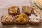 Group of food of Festa Junina in wicker baskets, typical brazilian party: Peanut, Cookie, Popcorn, Pe de Moleque, Pacoca, Corn. J