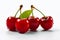 Group of four cherries sitting on top of white counter top. Generative AI