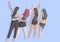 Group of four friends posing from the back side. Women, human anatomy from the back side, flat illustration