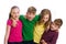 A group of four kids with colorful shirts on.