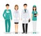 Group of four medical people standing together in uniform and different poses. Doctors and nurses on white background