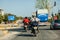 A group of four men travel on motorcycles with bags on the roads of Turkey. Bikers riding a moto